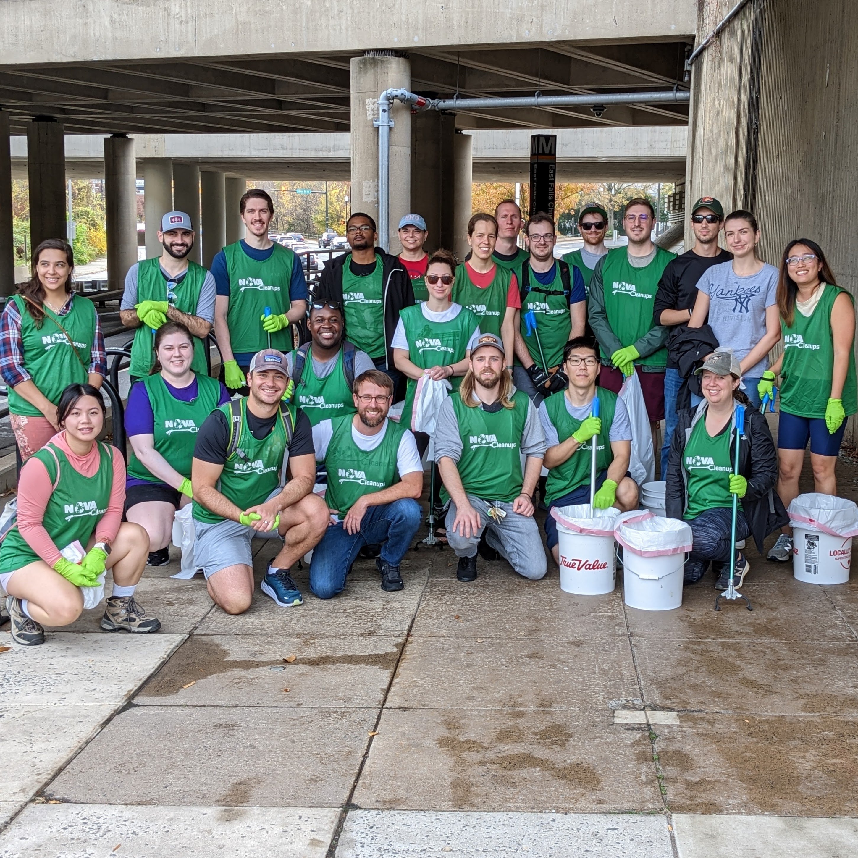 Volunteers for NOVA Cleanups wearing pinneys ready to clean up Falls Church